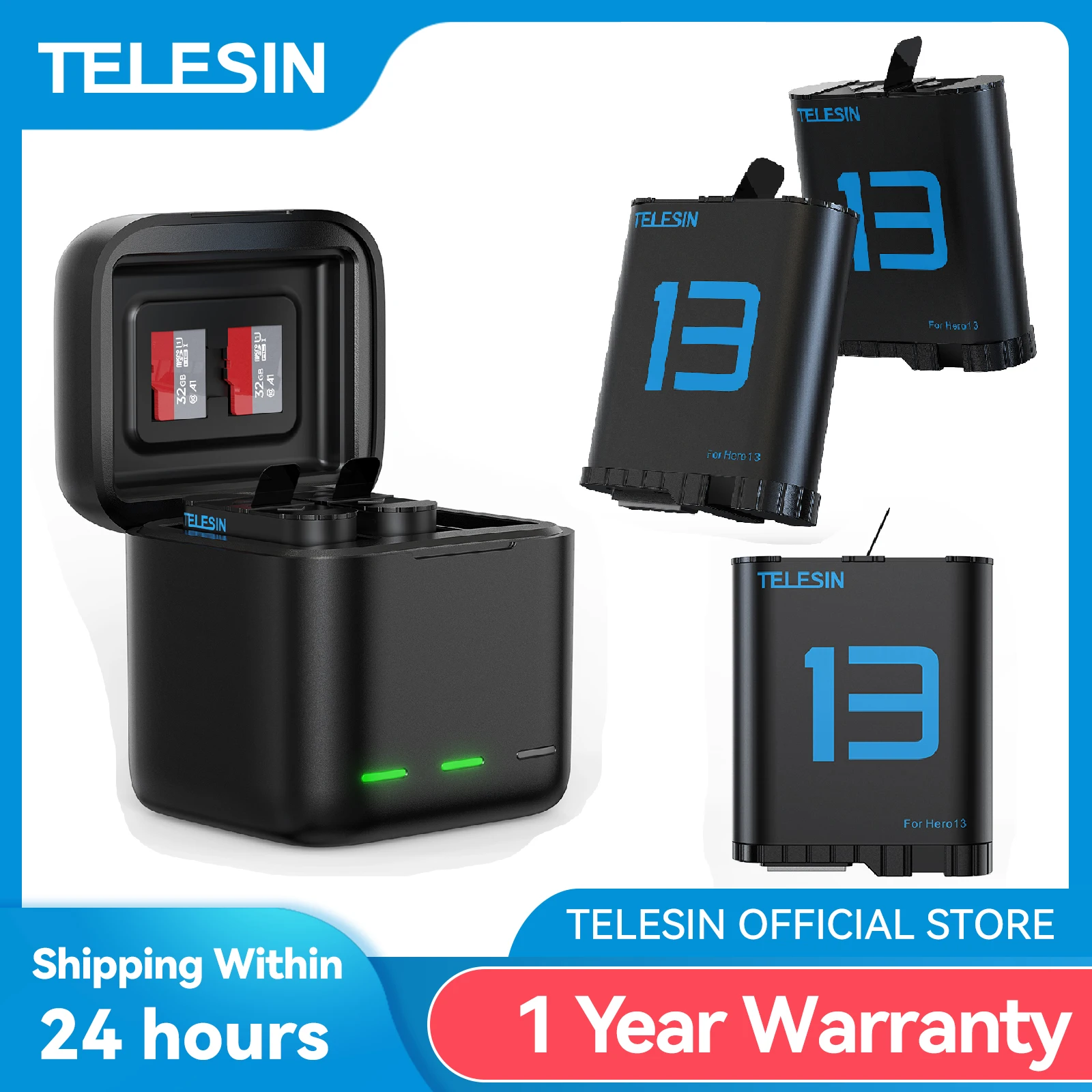 TELESIN 1900mAh Battery for GoPro Hero 13 with 3 Ways Fast Charger Box & TF Card Storage Lithium-ion Replacement Battery