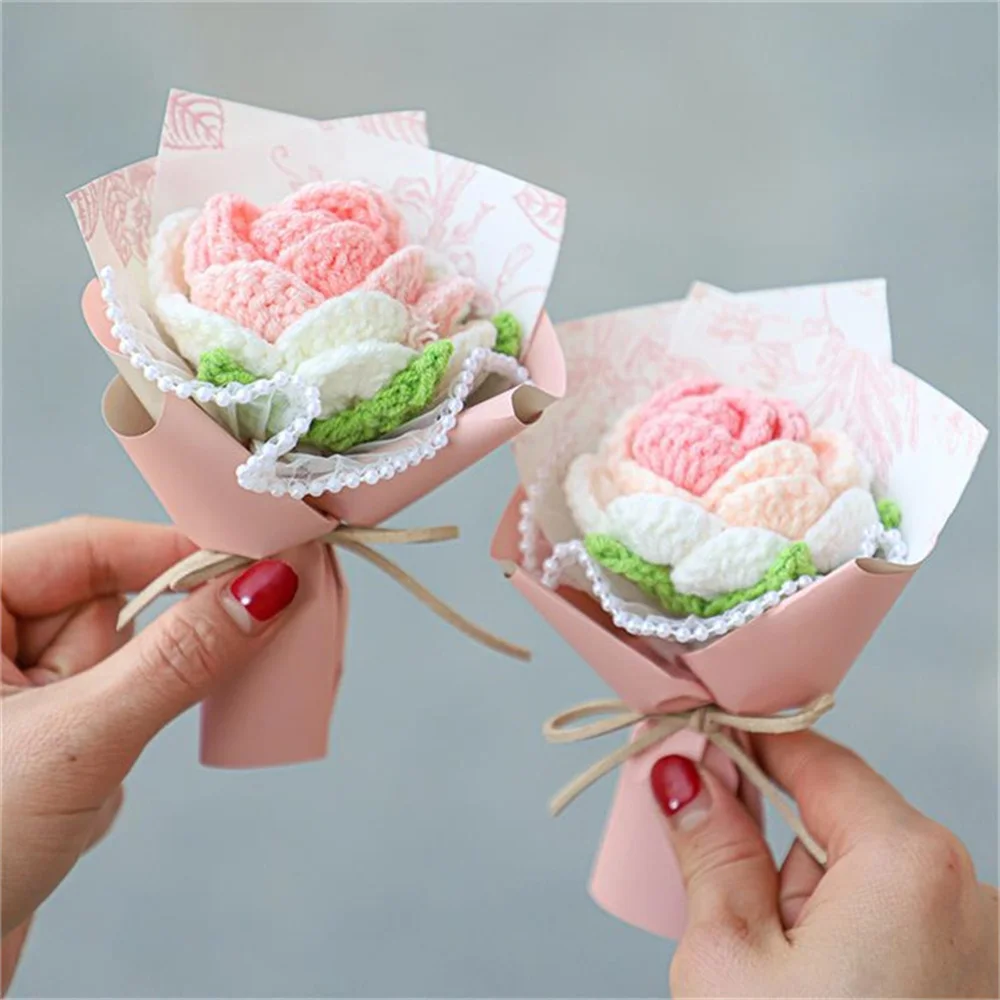 1Pcs Knitted Flower Rose Sunflower Fake Flowers Bouquet Wedding Decoration Hand Crochet Woven Bouquet Home Table Desktop Decor