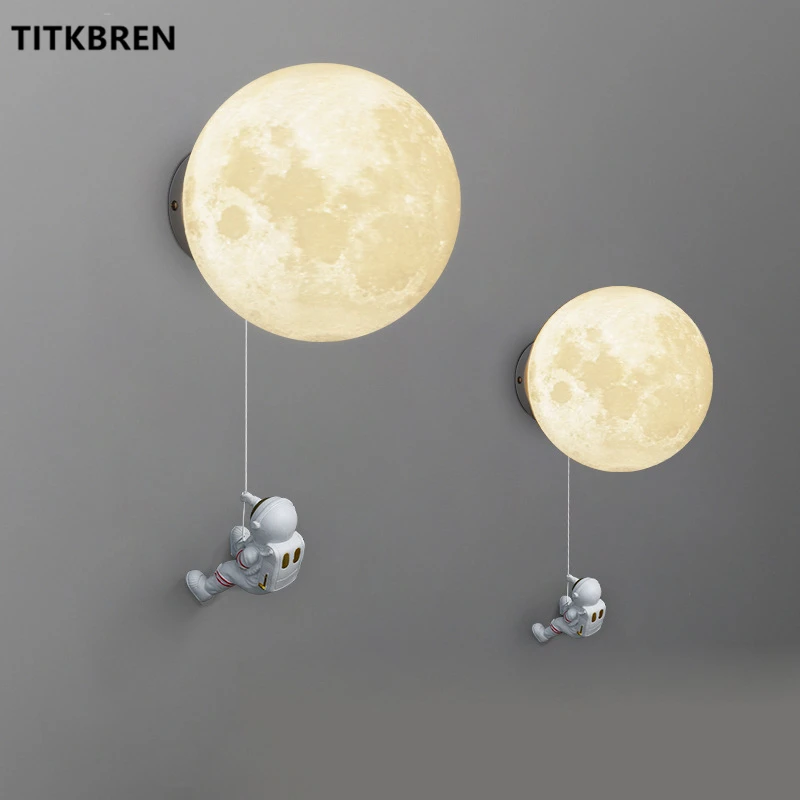 

Astronaut Landing on the Moon Wall Lamp Creative Cartoon Spaceman Children's Room Boy Bedroom Bedside Planet Wall Lighting