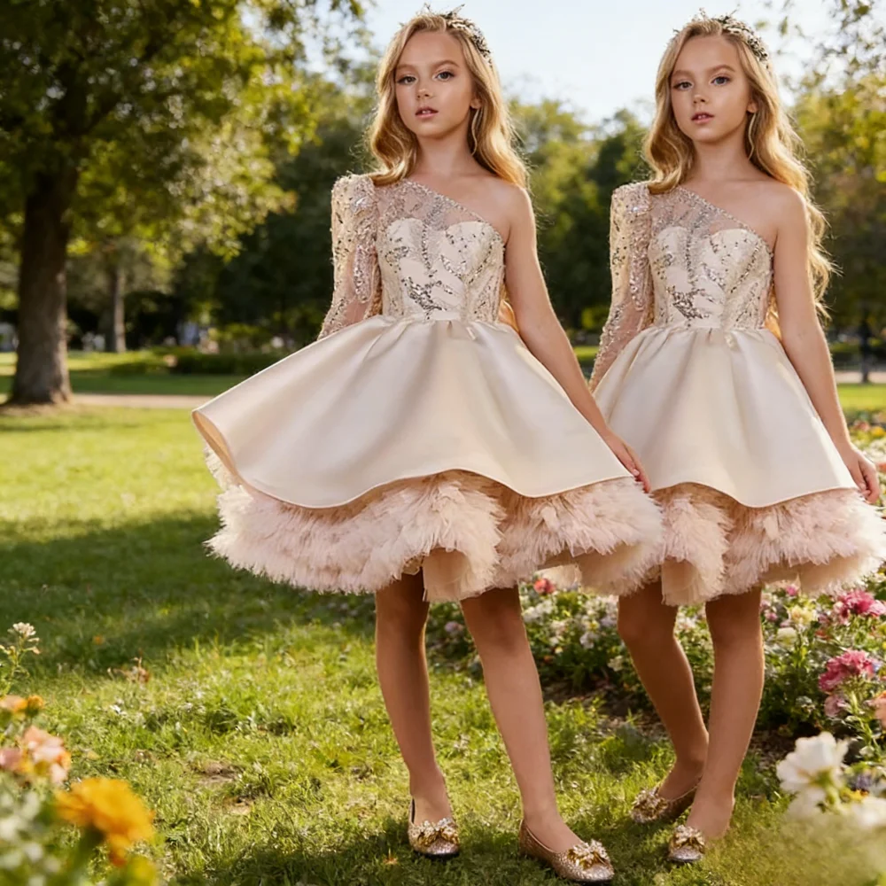 

2026 New Kids Gown Princess Sequin Dress One Shoulder Bow Puffy Formal Party Celebration Costume Skirt Patchwork Children Girls