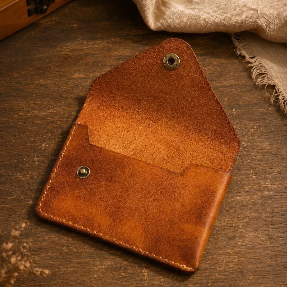 New Handmade Simple Cowhide Creative Compact Leather Snap Button Change Bag First Layer Cowhide Japanese Retro Card Clutch Bag