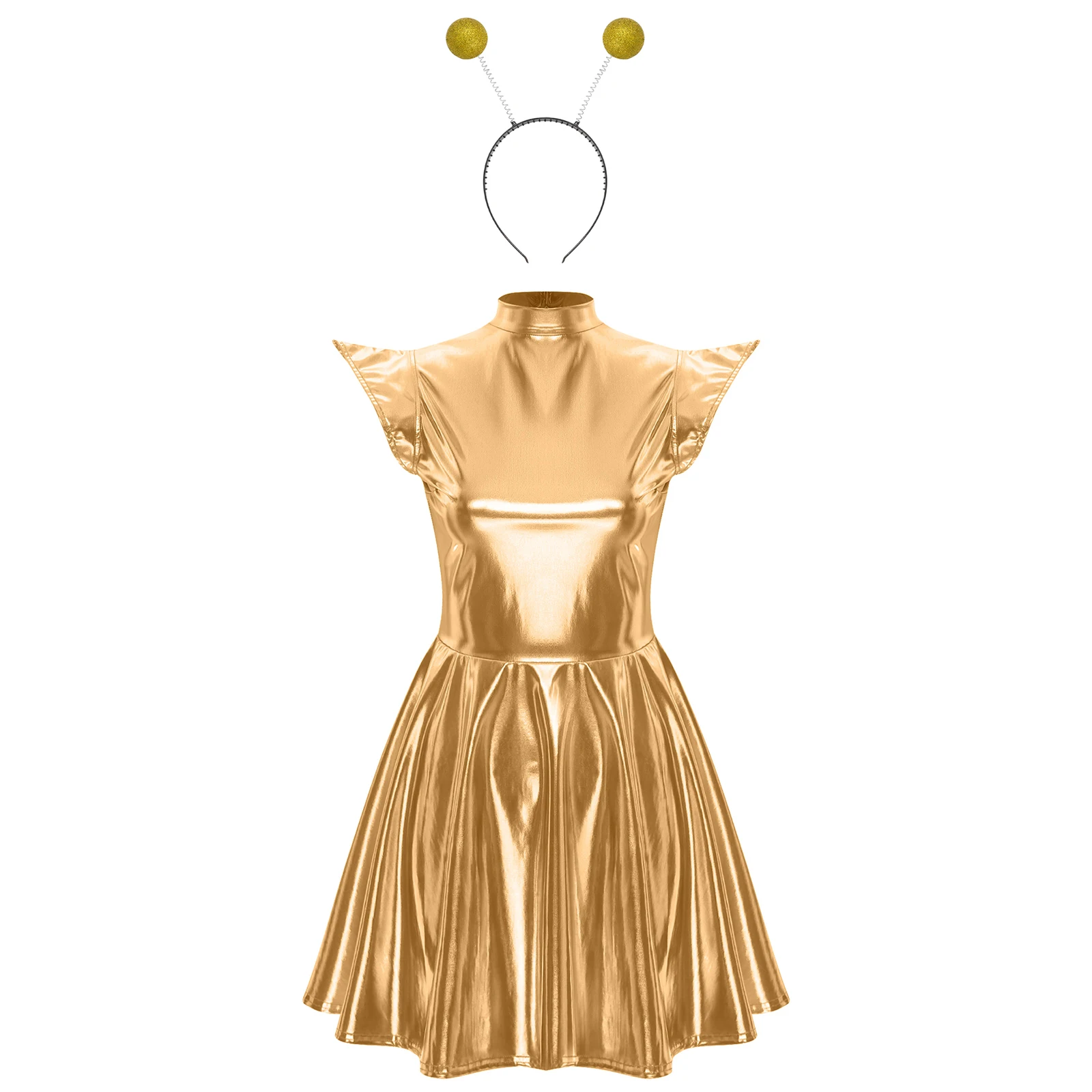 

Halloween Futuristic Alien Bodysuit Costume for Women with Metallic Shiny Color Block Alien Cosplay Dress And Headwear Set