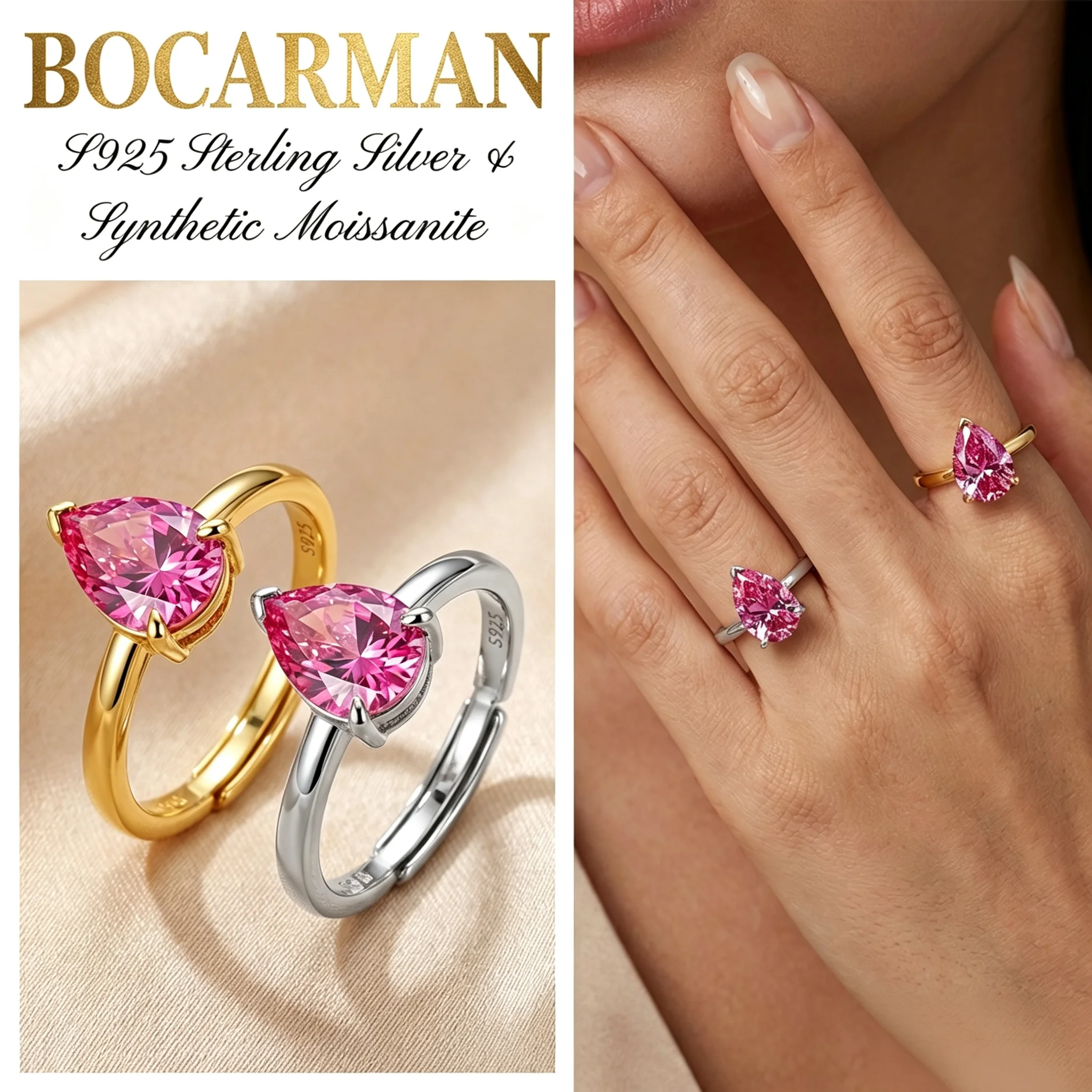 BOCARMAN Pear Cut Color Moissanite Ring S925 Silver Gleaming Teardrop Band Dazzling Jewelry for Women