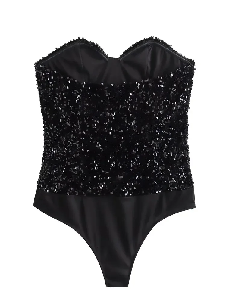 TRAF Black Bodysuit For Women Off Shoulder Sexy Body Woman Backless Glitter Sequin Bodysuit Lingerie High Cut Thong Bodysuit