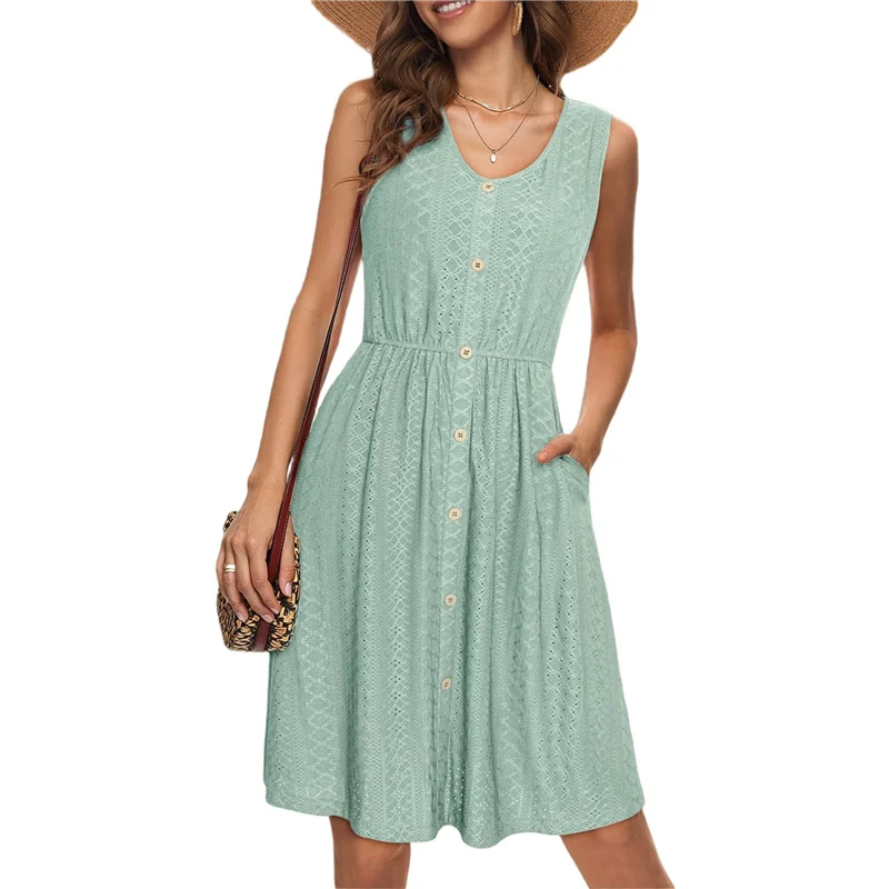 Womens Sleeveless Summer Casual Eyelet Button Down Short Dress Flowy Beach Tank Dress With Pocket-A55G