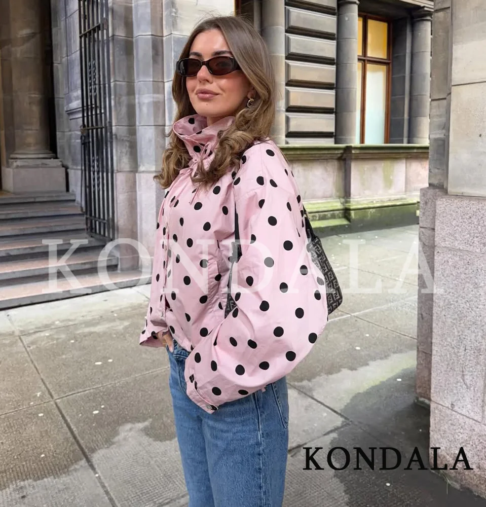 KONDALA Trendige Niedliche Stehkragen-Punktejacke für Damen mit Schnürknöpfen Rosa Jacke Neu 2026 Frühling Sommer Mode High-Street-Jacke