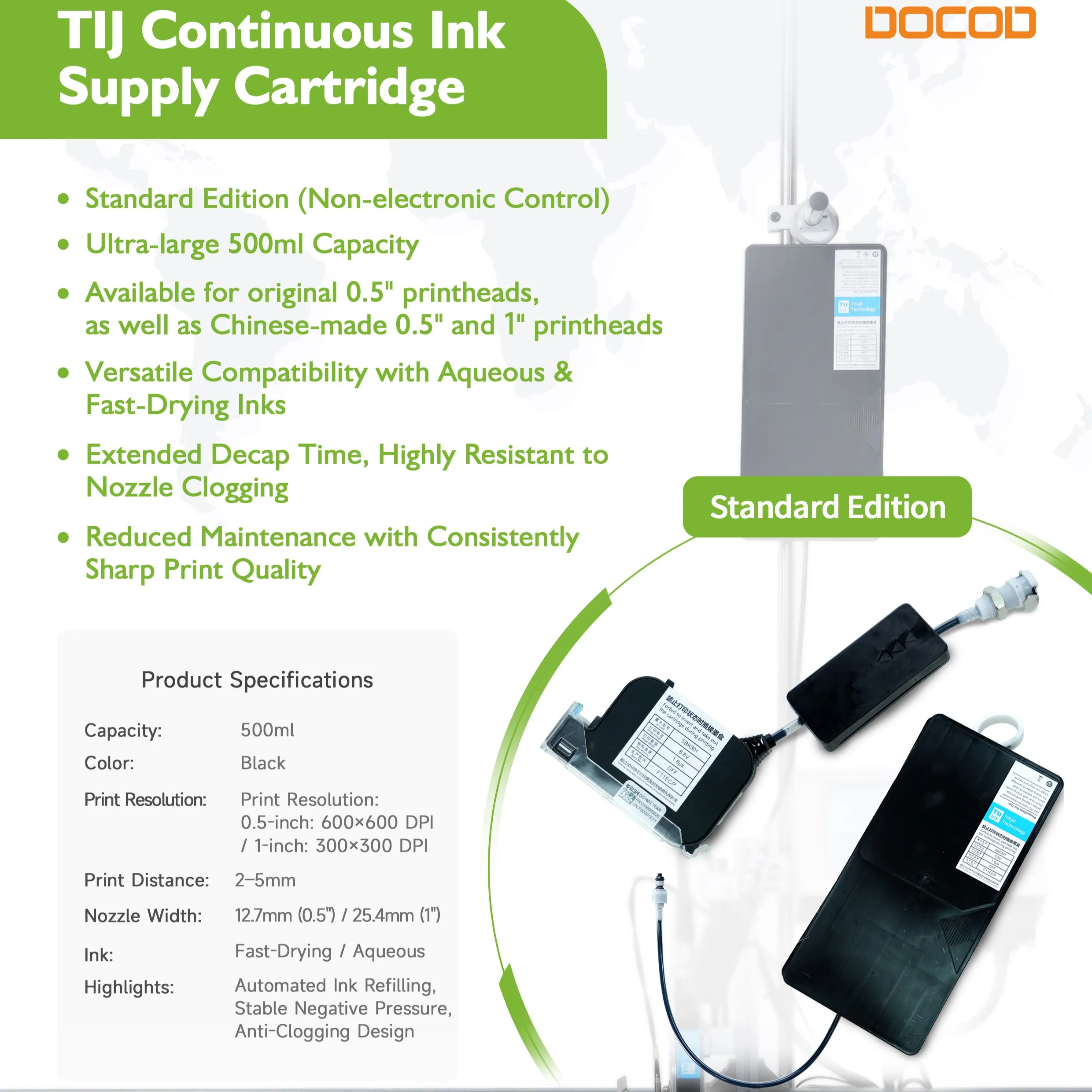 Hot Sale 500ml CISS TIJ Ink Cartridge DOCOD Continuous Ink Supply System Compatible with 0.5