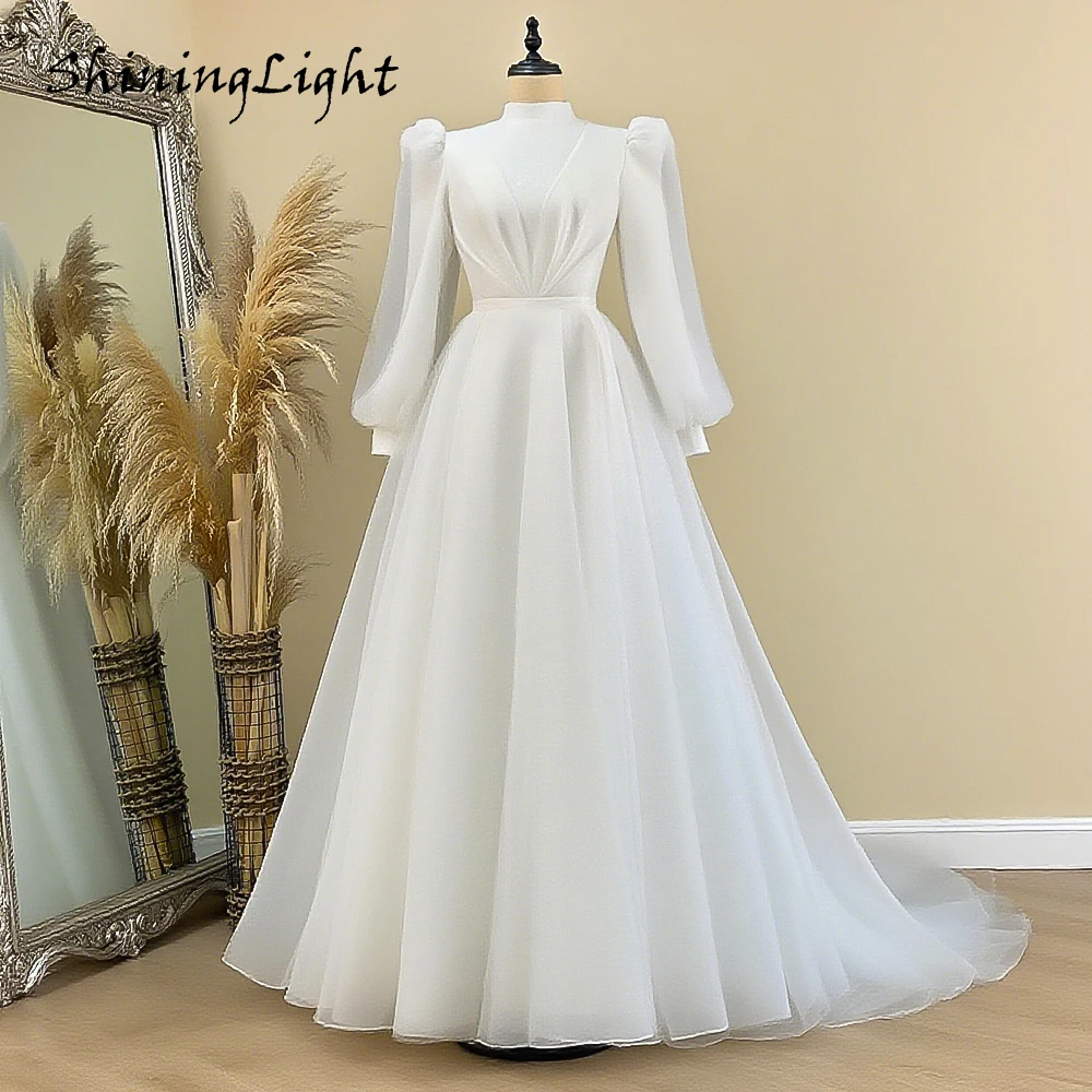 

ShiningLight Ivory Long Sleeves Wedding Dresses High Neck Sweep Train Dubai Organza Elegant A Line Bridal Gowns 2026 Customized