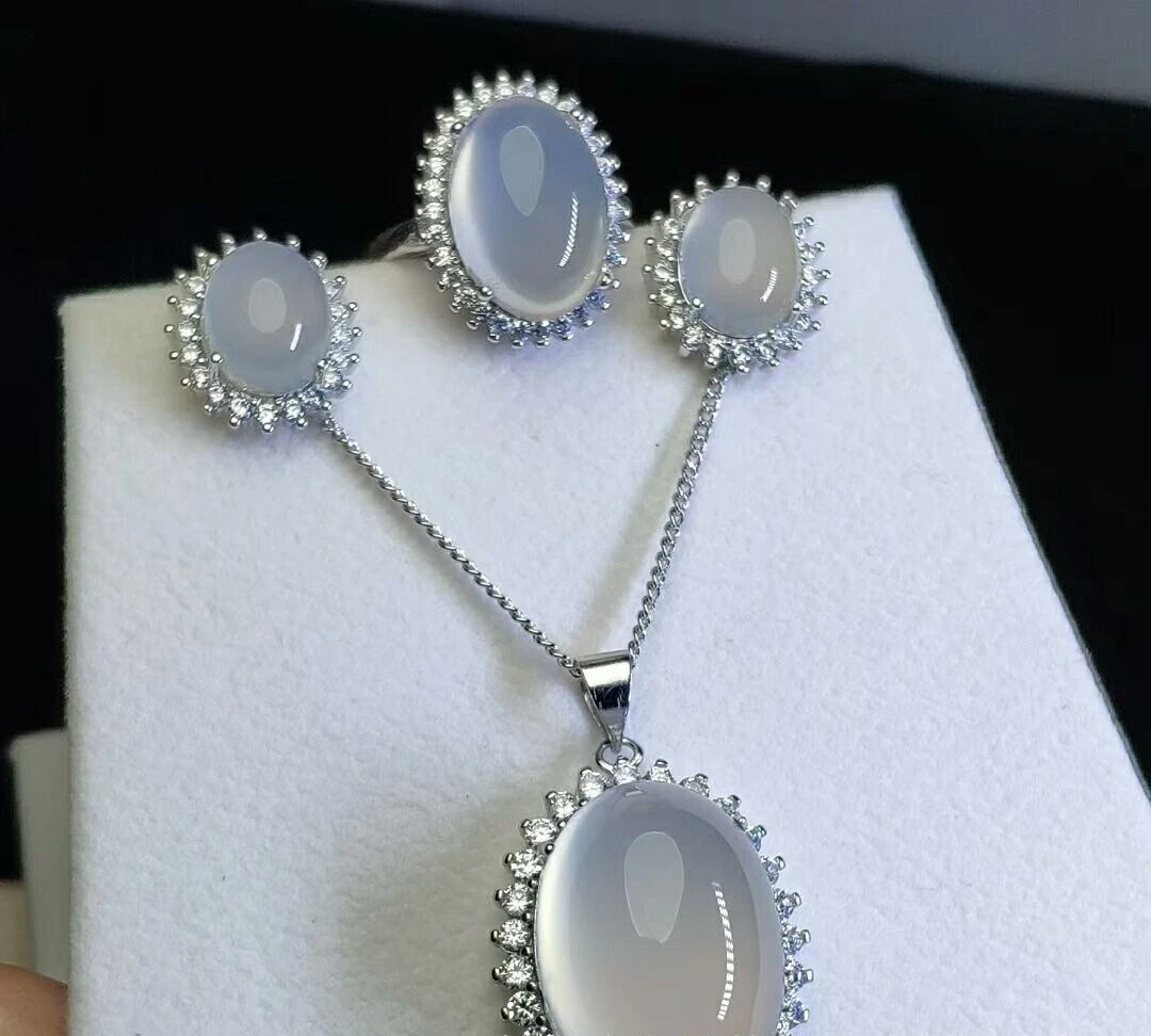 

Подвеска из халцедона с высоким ледяным агатом, комплект из трех предметов, посеребренное кольцо с зеленым халцедоном, серьги, ожерелье, комплект