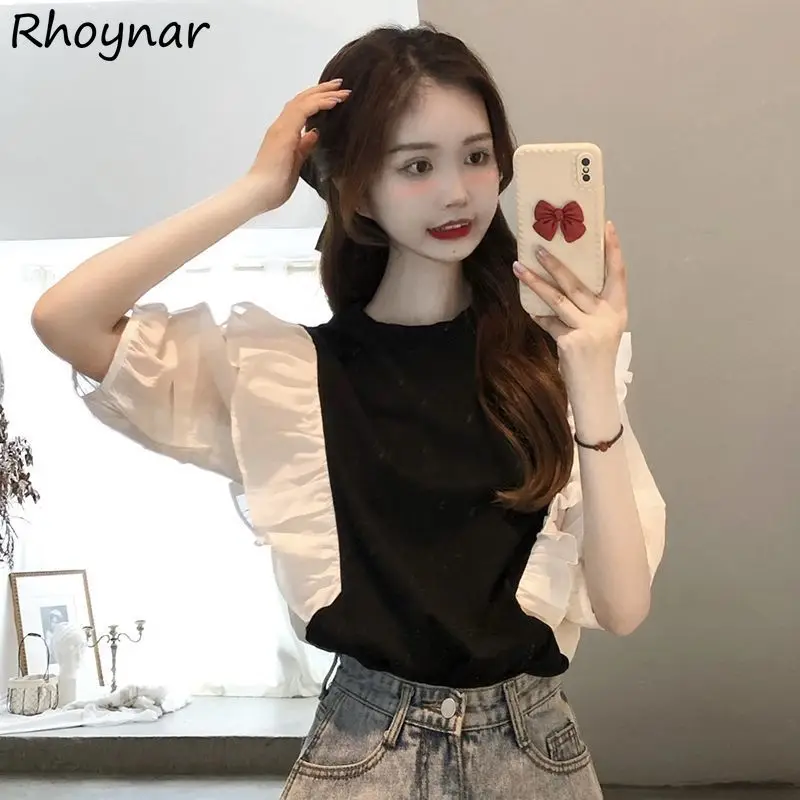 

Blouses Women Aesthetic Summer Office Lady Ruffles Designed Vintage Panelled French Style Sweet Temper Thin Breathable