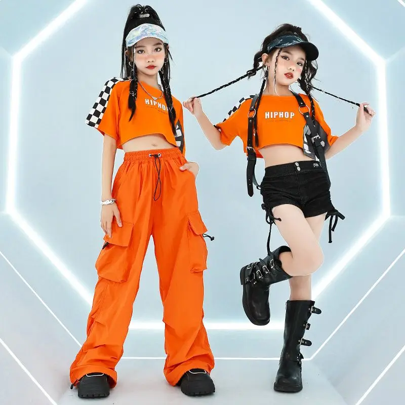 Girls Group Jazz Dance Costumes Orange Top Jogger Pants Kids Cool Hip Hop Clothing Kpop Stage Outfit Street Wear