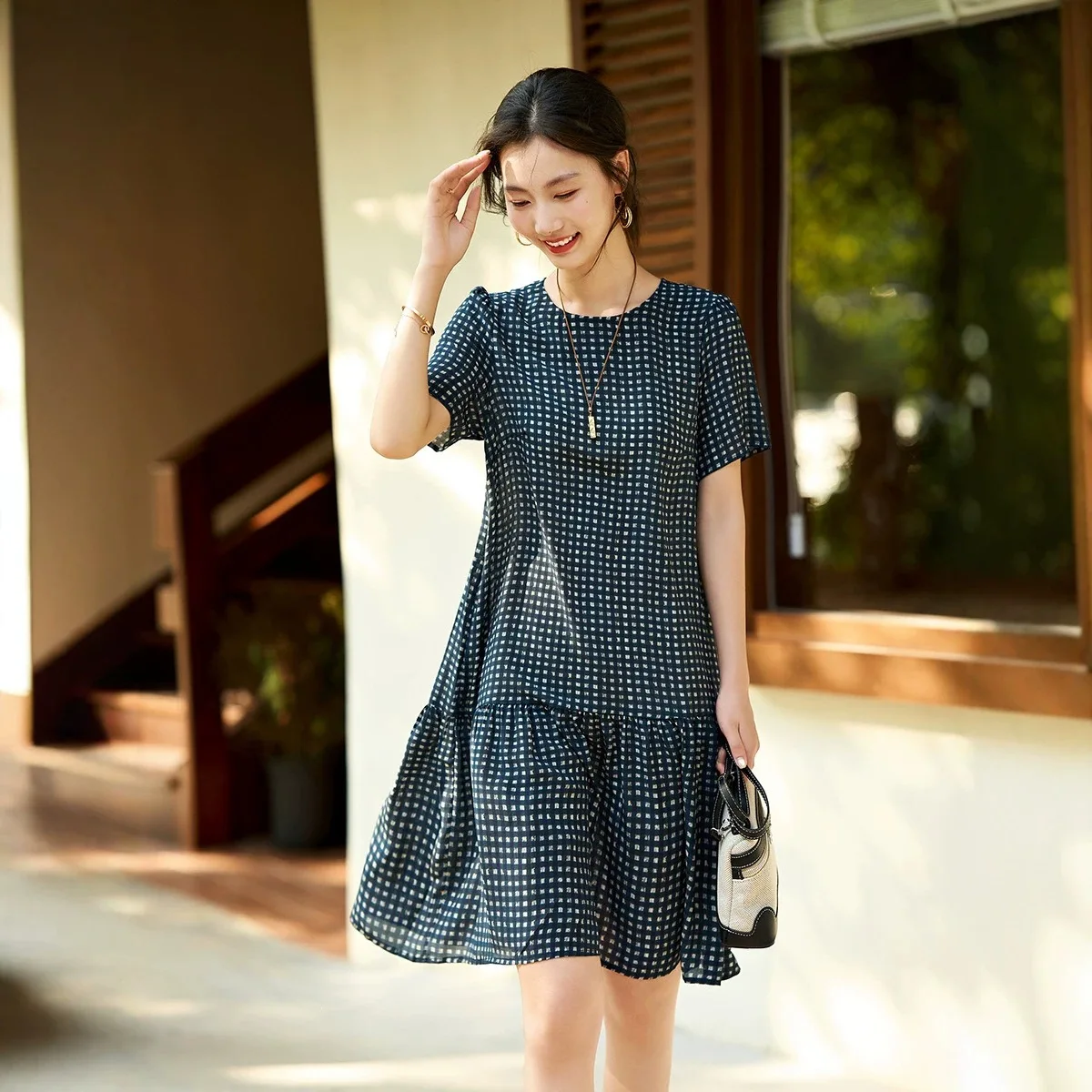 Winsleter-100%Real Silk Elegant Dress, O Neck Short Sleeve Plaid Print, Women Retro Party A-line Dresses, 2026 Summer D66880CC