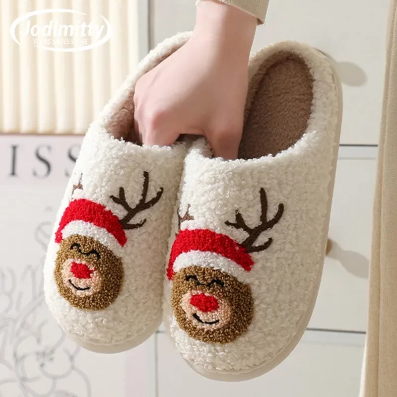 

2024 Christmas Winter Fulffy Fur Slippers Plush Fleece Flat Slippers Sweet Thick Soled Indoor Cotton Slippers for Couple Shoes