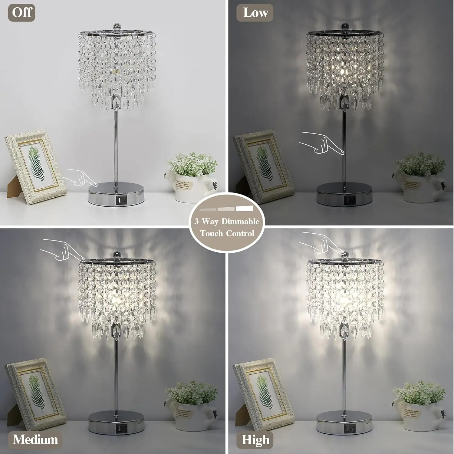 Crystal Table Lamp Set of 2, Touch Control, USB Ports, Dimmable LED Bedside Lamp, Silver Shade for Bedroom, Living Room