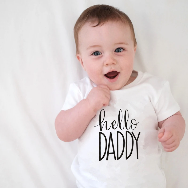 Summer Newborn Infant Baby Boy Girl Bodysuit Short Sleeve Hello Daddy Print Baby Romper White Jumpsuit Outfit Baby Daddy Clothes