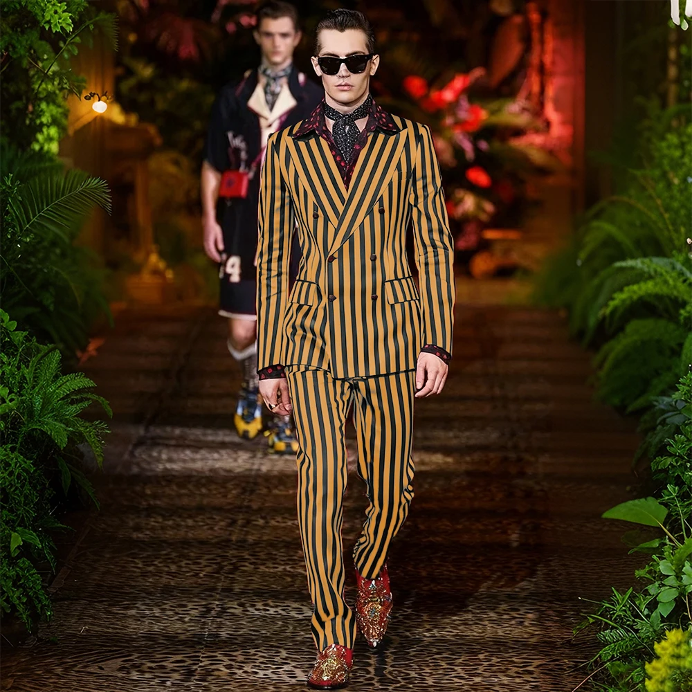 Fashion Red and Black Stripes Double Breasted Men Suit Two Pieces(Jacket+Pants) Lapel Outfits Chic Casual Party Prom Wedding Set