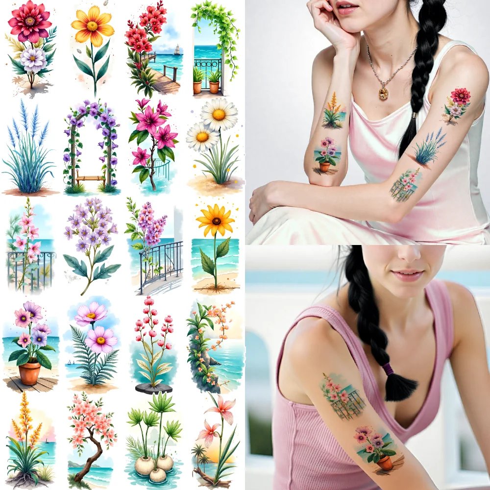 

9pcs Temporary Tattoo Floral Designs Waterproof Long-lasting Body Stickers Beach Scenes Temporary Tattoo Stickers For Girls