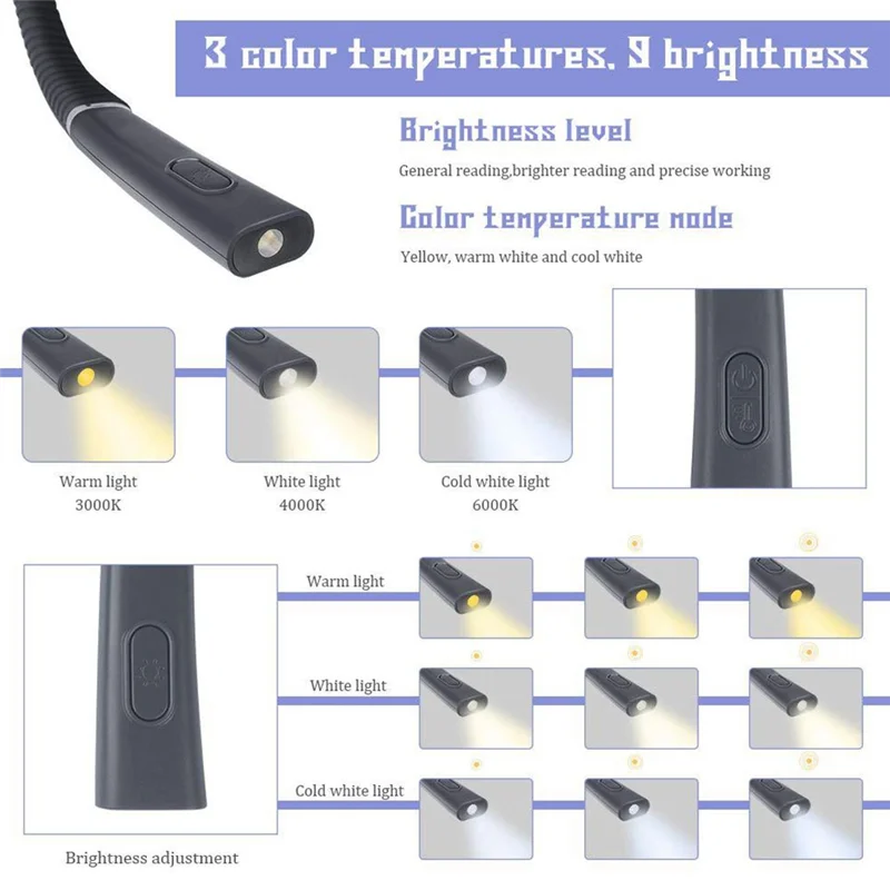 A23I-Usb Rechargeable Rear Light Neck Reading Light In Bed 3 Colors & 3 Brightness Adjustable Book Light Book Reading Light