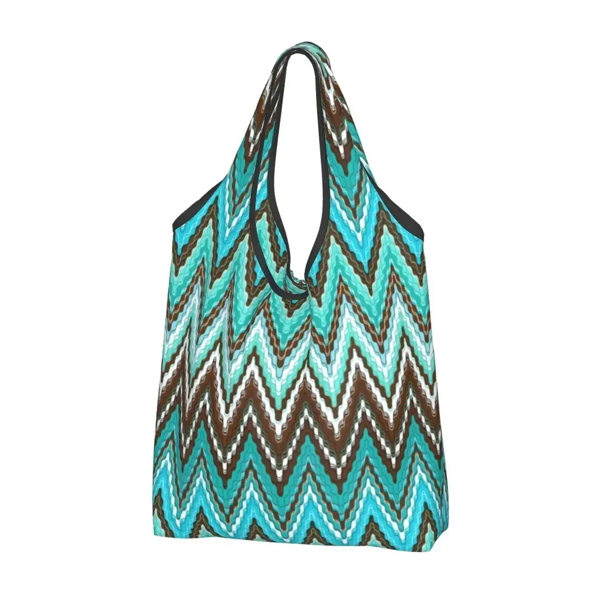 

Modern Geometric Blue-ish Shopping Bags Women Portable Big Capacity Groceries Abstract Zigzag Boho Shopper Tote