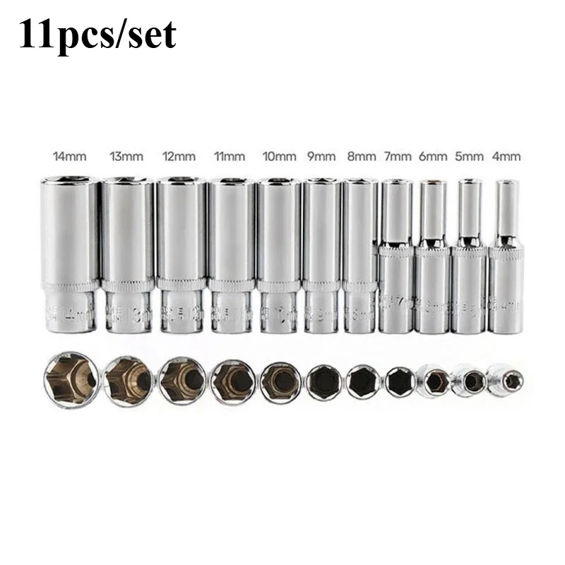 11pcs Metric Long Chrome Socket Set 1/4-Inch Drive 6-Point Deep Socket From 4 Mm To 14 Mm Professional Grade