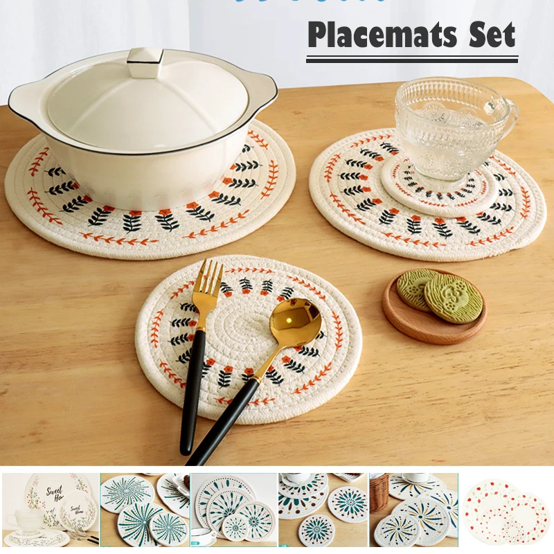 Coaster Set Light Luxury Nordic Cotton Printed Placemat Strawberry Placemat Round Braided Insulation Pad Desk Mat Table Mat