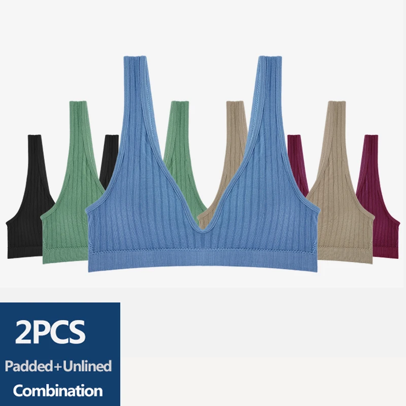 2PCS Sports Crop Top Padded Unlined Combination Tube Tops Women Sexy Deep V Bra Ribe Underwear Bralette Camis Bandeau Top