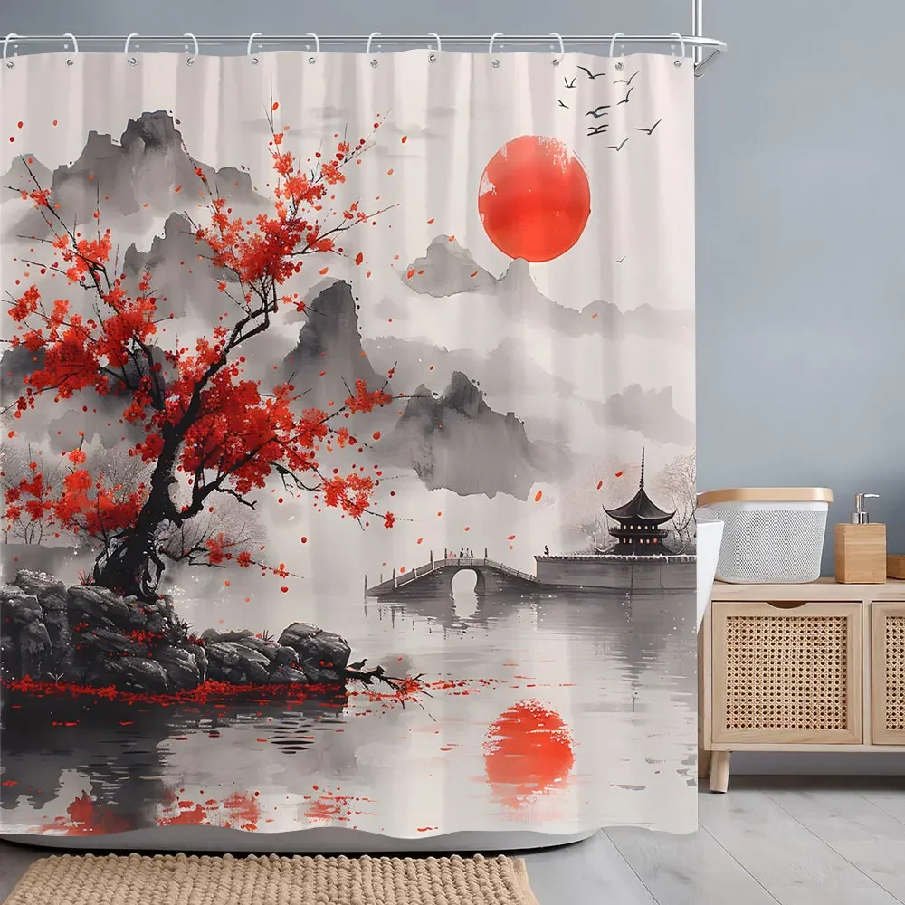 Japanese Red Cherry Blossom Seascape Shower Curtain Chinese Landscape Ink Painting Printed Fabric Shower Curtains Bathroom Decor