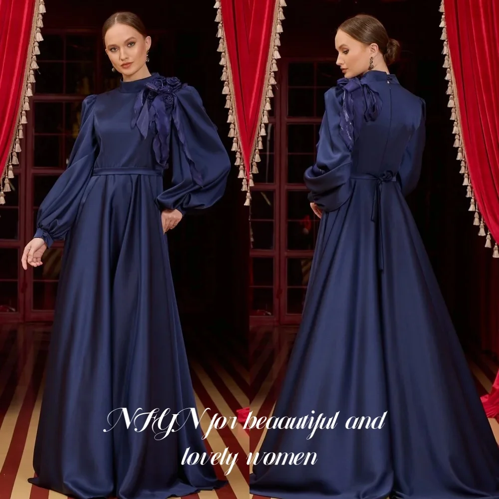 

NFYN Navy Blue High Party Gown Elegant Flower Evening Dress Formal A-line Regular Full Sleeve Prom Dress robe de bal Customized