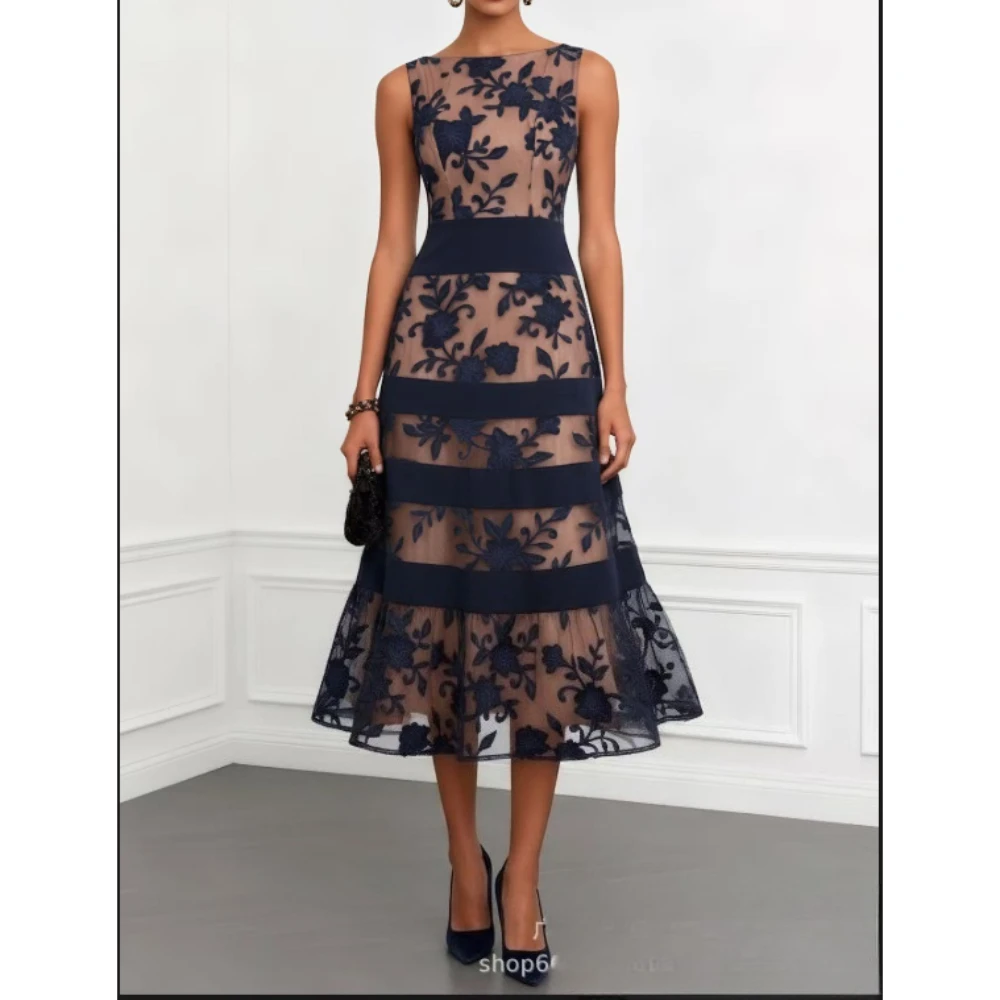 Elegantes, knöchellanges, ärmelloses Damen-Partykleid aus Tüll mit Spitze und Rüschen, maßgeschneidertes Abendkleid mit Applikationen und U-Boot-Ausschnitt