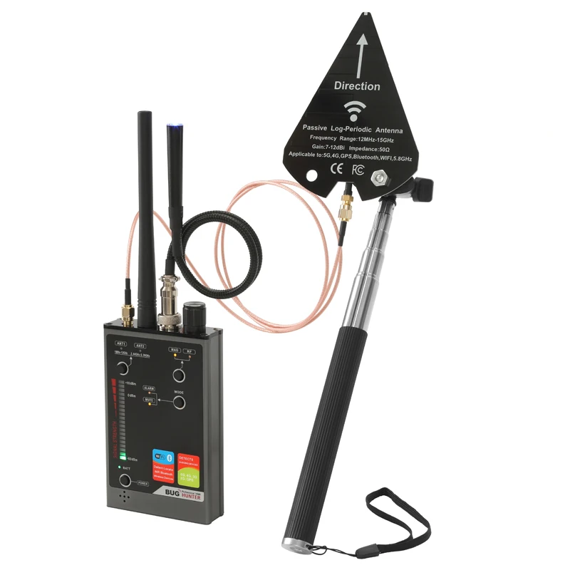VS80 Pro Bug Hunter RF Scanner with VDF07 Directional Antenna Adjust Mute Alarm for Spy Bug Hidden Camera GPS Tracker Detection