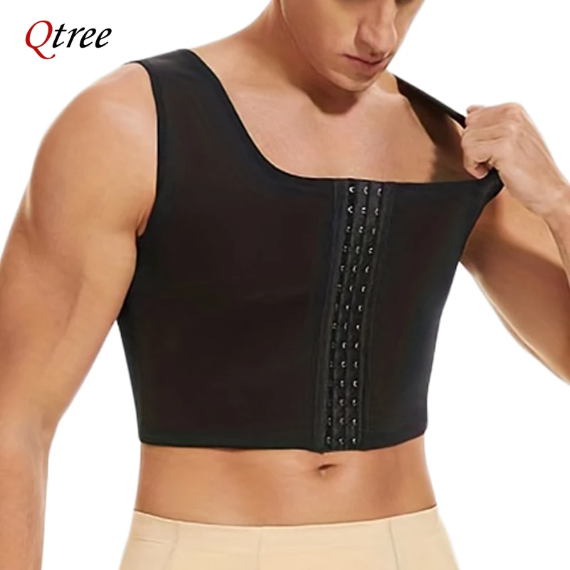 

Qtree Men Chest Control Body Shapers Push Up Vest Posture Corrector Compression Body Shaper Shirt Seamless Hooks Fitness Corset