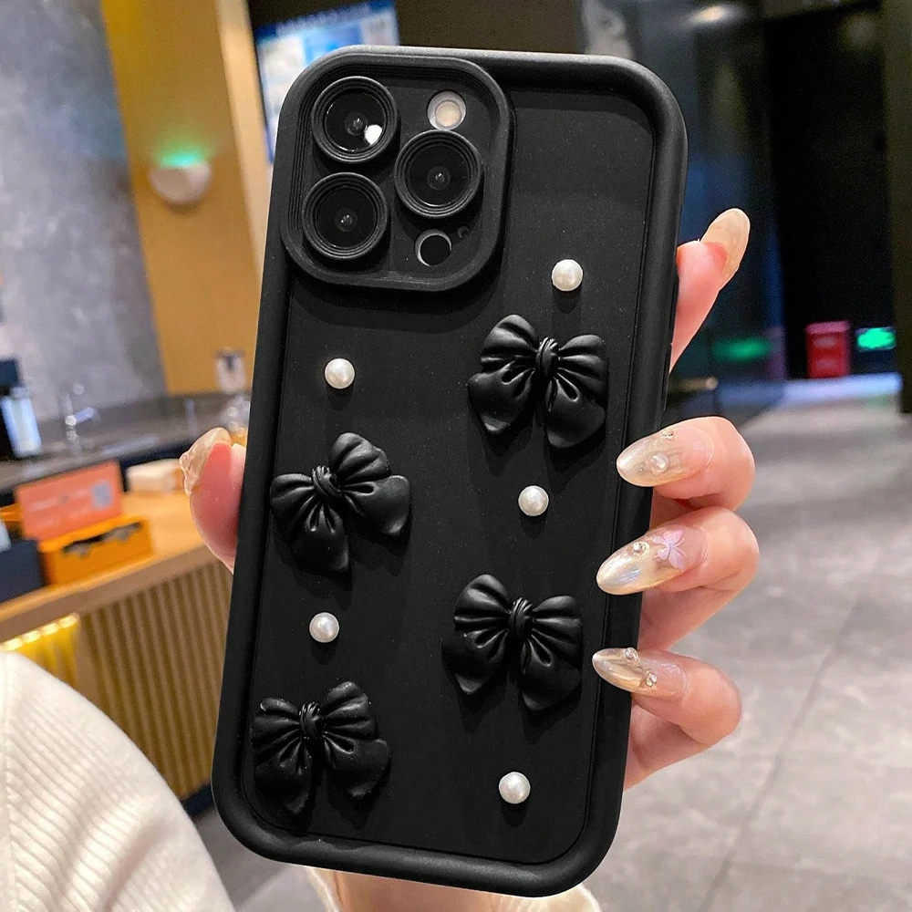 Koreanische 3D-Schleifen-Perlen-Handyhülle für iPhone 13 14 15 16 17 Pro Max 14 13 12 11 Pro XS 7 8 Plus Stoßfeste Matte Silikonhülle – Detail 5