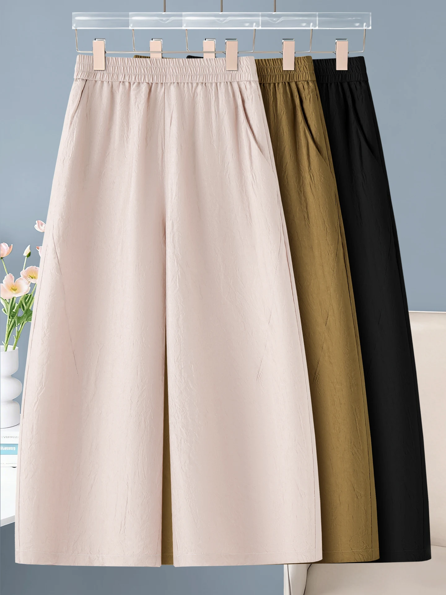 

Casual High Waist Wide Leg Pants Women's Summer Thin New Small Size Elastic Loose Casual Straight Leg Pants Acetate Fiber