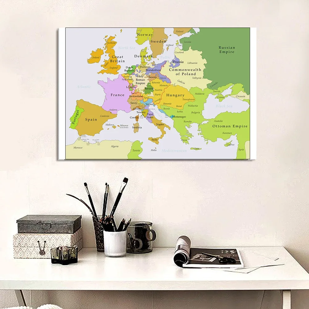 Póster grande de 150x100 cm con mapa de Europa, lienzo de vinilo no tejido, pintura para aula, decoración del hogar, suministros escolares, año 1700-1850