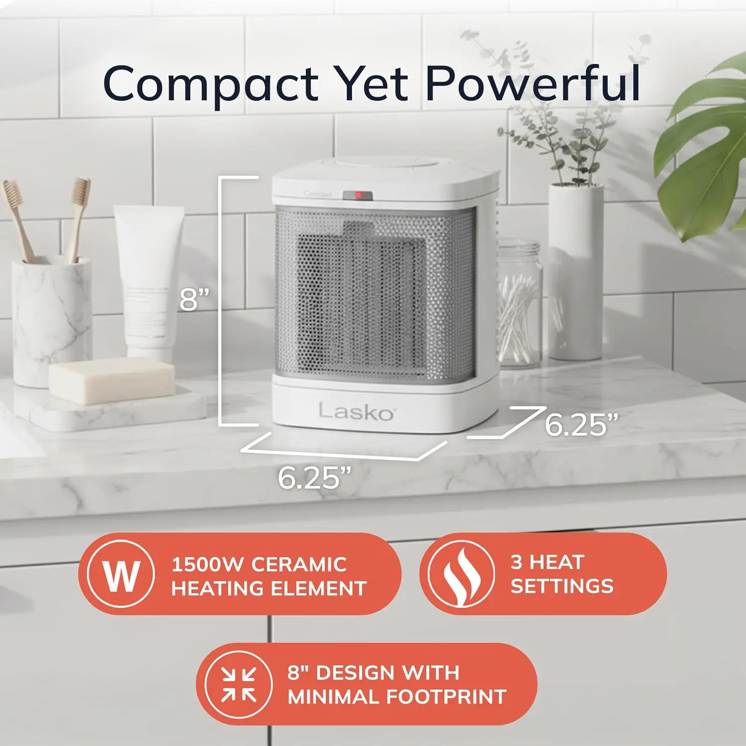 Portable Electric Ceramic Space Heater with ALCI Plug for Bathroom Use, 2 Heat Settings and Simple Heat Button, 8 Inches