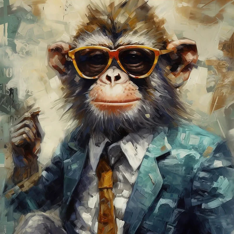 Rich Monkey Gangster Vintage Poster with Frame Smoke Cigarette Orangutan Wearing Sunglasses Canvas Painting Wall Art Picture