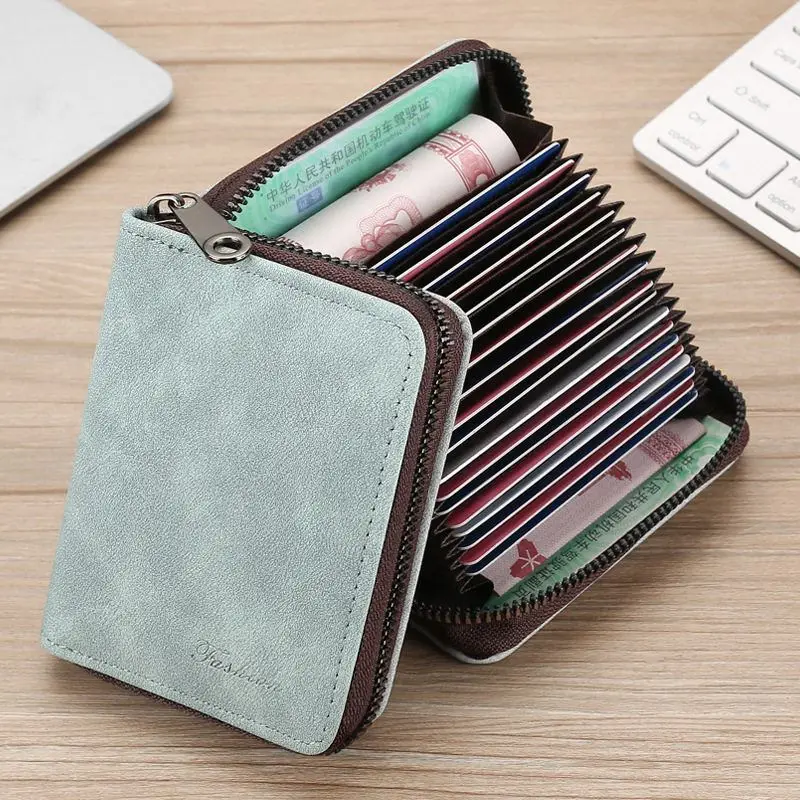 New Premium Leather Card Holder Wallet Compact Multi-Slot Large Capacity for Men And Women Stainless Steel Closure Student Fi...
