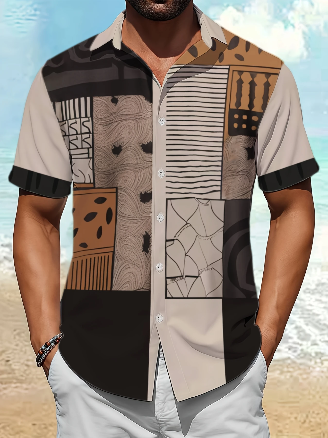 

Summer Shirt] Lightweight Men's Short Sleeve Shirt | Geometric Print, Color Block Design, Button-Collar, Polyester Blend Summer