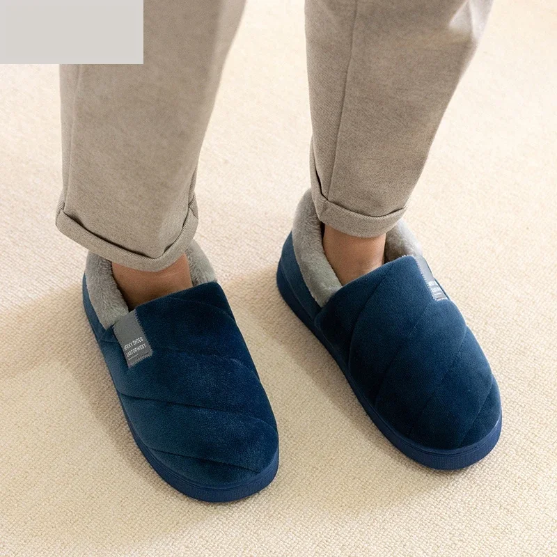 New Men's slippers Winter Solid Color Wrap Heels Plush Slippers Non-slip Warm Women Men Home Casual Cotton Shoes Big Size 46 47