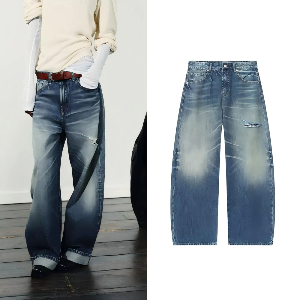 

Women's chic fashion casual versatile jeans loose rolled edge ripped jeans retro mid waist zipper women's jeans