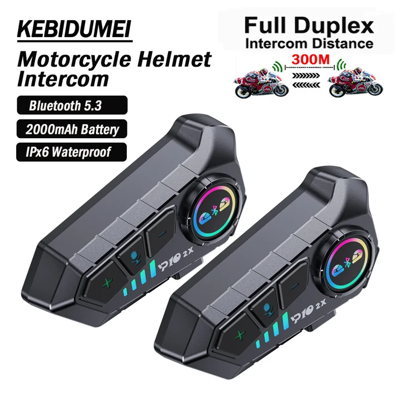 

2000mAh Long Standby 300m Motorcycle Helmet Intercom Headset Bluetooth 5.3 For 2 Riders Interphone Waterproof Handsfree Call