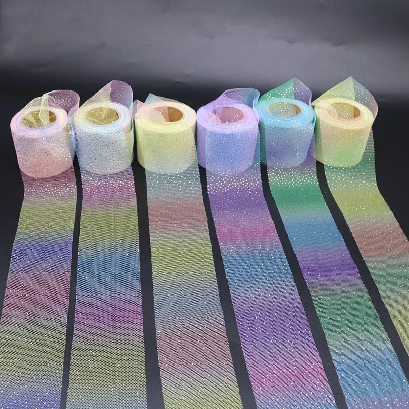 6cm Rainbow Gradient Tulle Ribbon Roll DIY Handmade Craft Hair Ornament Baking Decoration Craft Glitter  Mesh Fabric Supplies