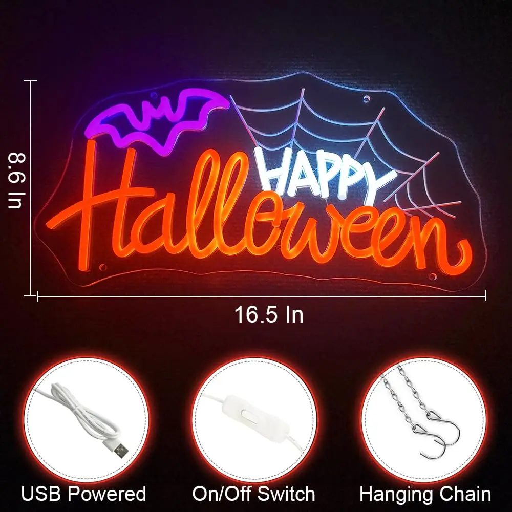 Happy Halloween Spider Web Neon Sign USB Powered Led Light Sign Wall Decor voor Window Home Bar Party Spooky Haunted Mansion Deco