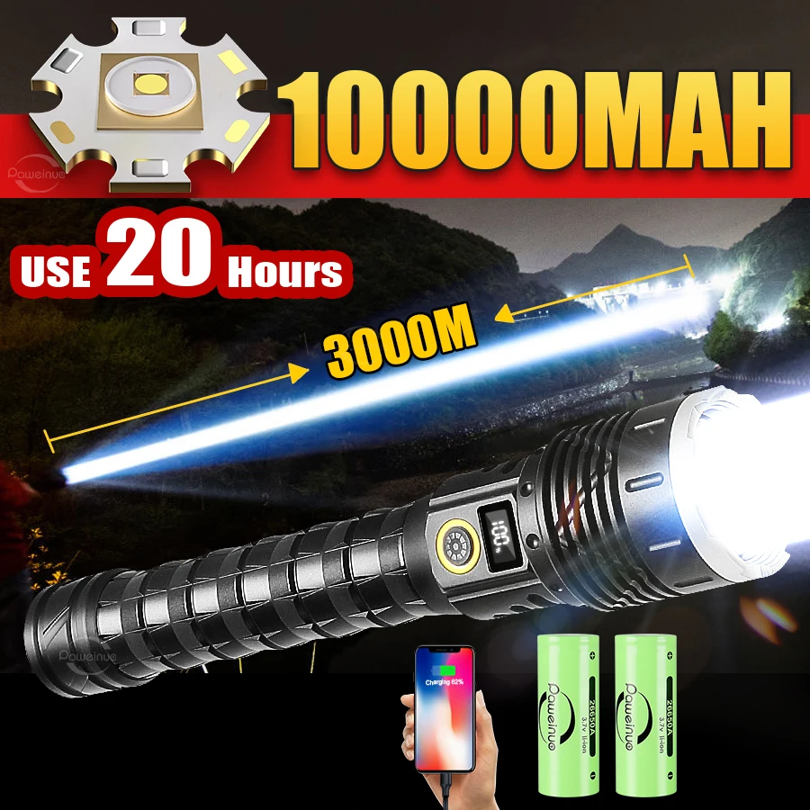 

10000mah Use 20h Most Powerful Flashlight 500W Rechargeable Torch Zoom 3000M Long Range Rechargeable High Power Led Flashlights