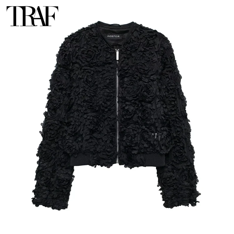 New Black Flower Cropped Jackets for Women White Zipper Mesh Jacket Women 3D Floral Vintage Women's Jackets Autumn Women Coats