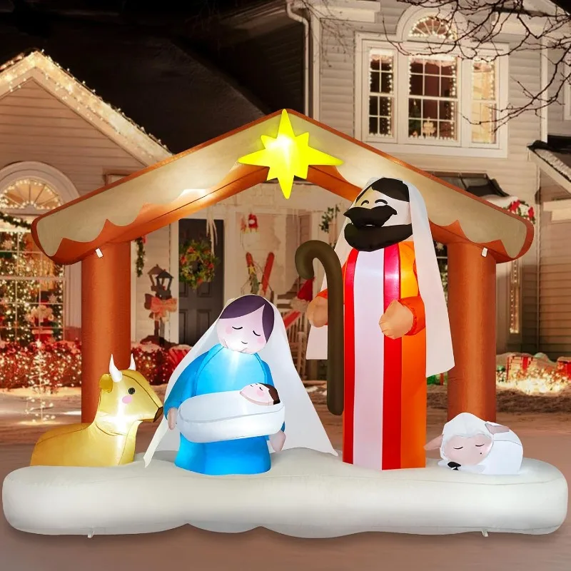 2025   8 FT Christmas Inflatable Nativity Scene Outdoor Decorations  Lights for Garden Lawn Patio Holiday Party Xmas Decor