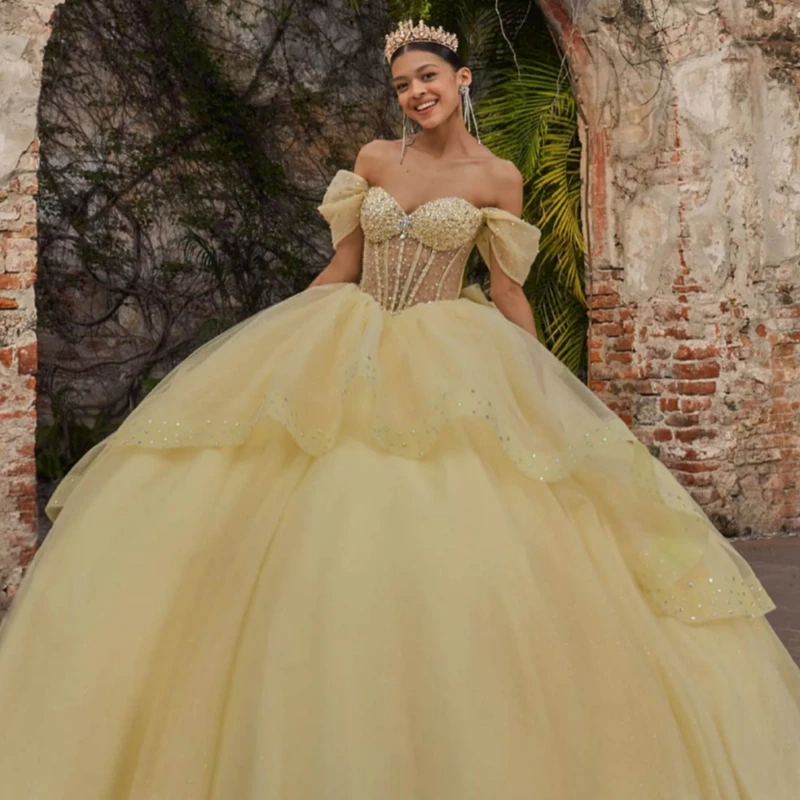 

Yellow Shiny Quinceanera Dresses Off The Shoulder Beading Crystal Bow Tull Corset Party Birthday Sweet 16 Dress Vestidos 15 De