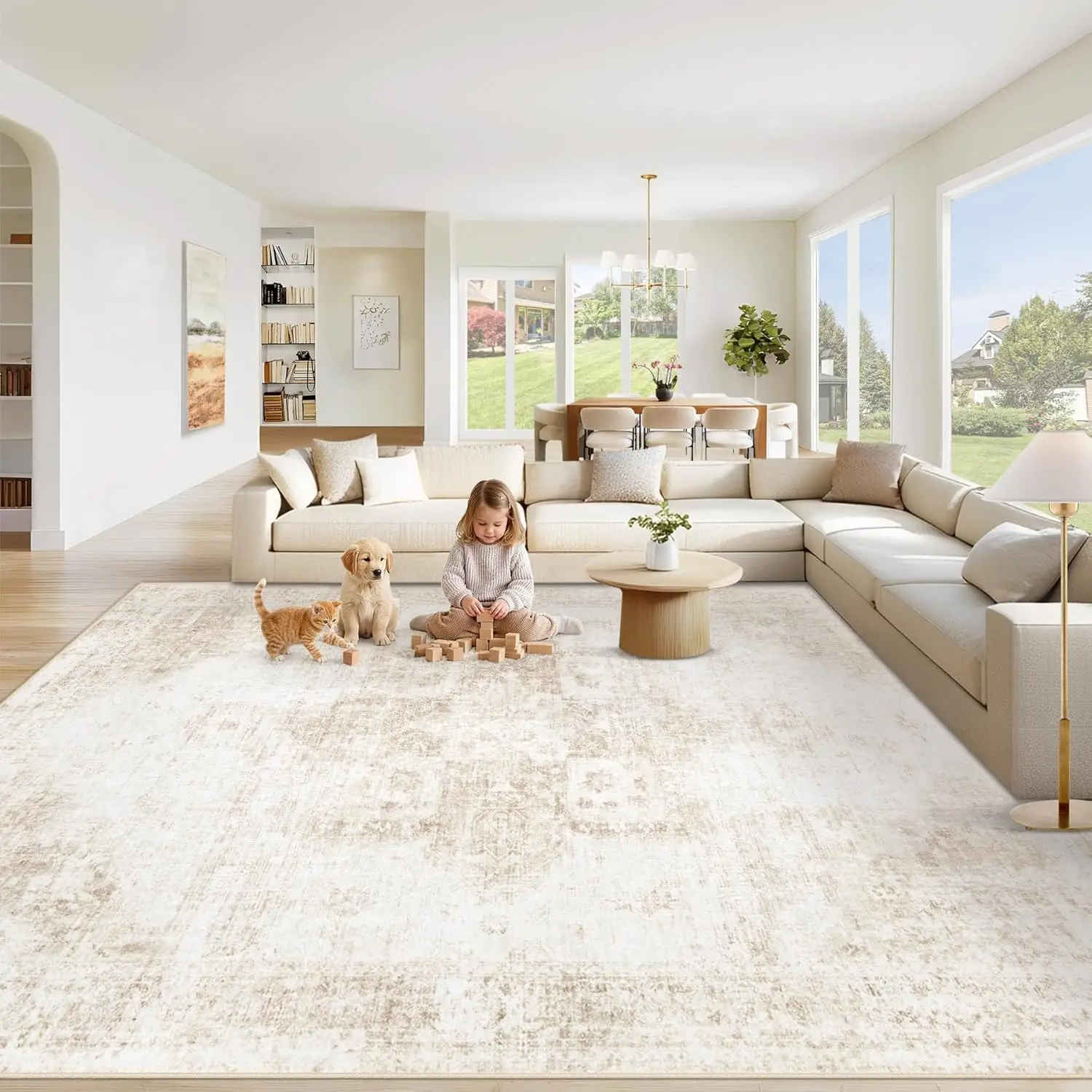 

Washable Area Rug 8x10, Vintage Boho Medallion Non-Slip Soft Low Pile Distressed Carpet for Living Room Bedroom Dining Room