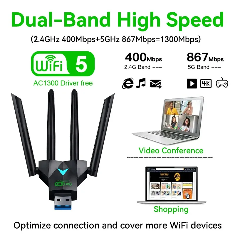 2.4G + 5Ghz 1300Mbps 4 هوائي واي فاي USB محول ثنائي النطاق واي فاي دونغل USB3.0 عالية السرعة استقبال البطاقة اللاسلكية للكمبيوتر/الكمبيوتر المحمول Win