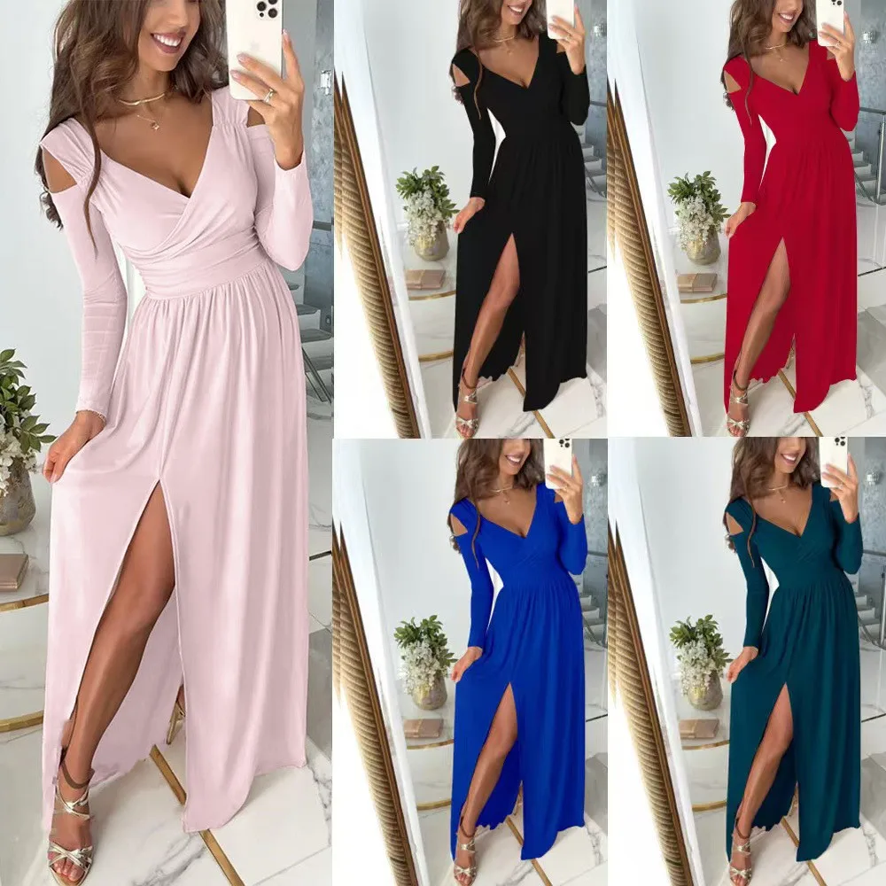 Long Sleeve V Neck Dress with Long Skirt Elegant and Refined Printed Slim Fit Pull on Flared Spring Patchwork Dresses for Women